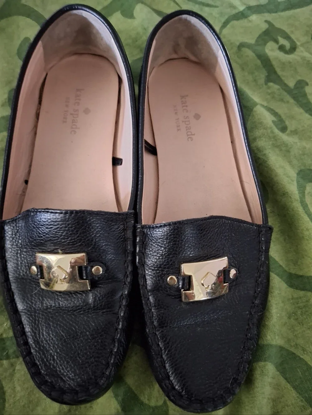 kate spade Carmen Black Leather Loafers with Gold Hardware